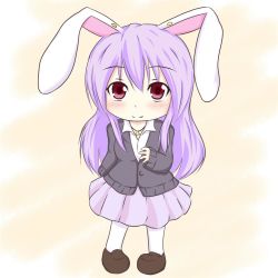 Rule 34 | 1girl, animal ears, chibi, crescent, full body, gradient background, hand on own chest, jacket, jewelry, long hair, looking at viewer, maayan (tk surf), necklace, pantyhose, pigeon-toed, purple hair, rabbit ears, red eyes, reisen udongein inaba, shoes, simple background, skirt, sleeves past wrists, smile, solo, touhou