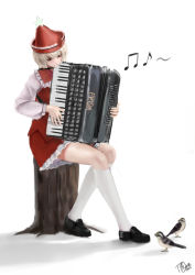 Rule 34 | 1girl, accordion, animal, beamed eighth notes, bird, bird request, black footwear, blush, dated, eighth note, frilled shirt collar, frilled skirt, frills, full body, highres, holding, holding instrument, instrument, kneehighs, light brown hair, loafers, long sleeves, looking at animal, looking down, lyrica prismriver, music, musical note, playing instrument, red headwear, red skirt, red vest, shirt, shoes, short hair, signature, sitting, sitting on tree stump, skirt, smile, socks, solo, star (symbol), touhou, tree stump, ttt (5274293), vest, white shirt, white socks