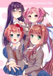 Rule 34 | 4girls, blue eyes, blue skirt, blush, bow, breasts, brown hair, closed mouth, doki doki literature club, green eyes, hair bow, hair ornament, haruse meio, large breasts, lips, long hair, looking at viewer, monika (doki doki literature club), multiple girls, natsuki (doki doki literature club), open mouth, pink eyes, pink hair, pleated skirt, ponytail, purple eyes, purple hair, red bow, sayori (doki doki literature club), short hair, skirt, smile, solo, white bow, x hair ornament, yuri (doki doki literature club)