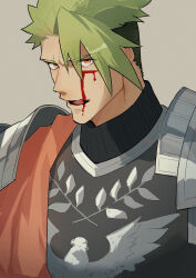 Rule 34 | 1boy, achilles (fate), armor, black shirt, blood, blood on face, fate/apocrypha, fate (series), green hair, grey background, haruakira, highres, injury, licking blood, licking lips, male focus, mature male, orange eyes, orange sash, ribbed shirt, shirt, short hair, simple background, solo, tongue, tongue out, undercut, upper body