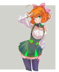 Rule 34 | 1girl, ahoge, android, belt, belt buckle, blouse, blush, bow, breasts, buckle, closed mouth, curly hair, detached collar, dress, facing viewer, freckles, frilled dress, frilled shirt, frills, green dress, green eyes, green skirt, hair bow, hair ornament, hair ribbon, hand on leg, hand on own leg, hand on own thigh, hand on thigh, hand up, happy, highres, iesupa, looking to the side, neon trim, one eye closed, orange hair, penny polendina, pink bow, pink ribbon, ribbon, rwby, salute, shirt, short hair, simple background, skirt, smile, solo, standing, swept bangs, thighhighs, thighs, white shirt, wink
