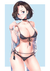 Rule 34 | 1girl, absurdres, artist name, bell, bikini, black bikini, blue eyes, blush, bracelet, breasts, brown hair, choker, collarbone, contrapposto, covered erect nipples, cowboy shot, dated, dripping, earrings, floral print, front-tie bikini top, front-tie top, gluteal fold, hand up, head tilt, highres, hip bones, jewelry, large breasts, lips, looking at viewer, lowleg, lowleg bikini, mature female, multi-strapped bikini, muto (uadocjon 21), navel, neck bell, off shoulder, original, outline, outside border, parted bangs, pearl earrings, pulling own clothes, robe, shiny skin, short hair, side-tie bikini bottom, solo, standing, strap pull, swimsuit, tassel, wet