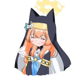 Rule 34 | 1girl, animal ears, blue archive, blush, cat ears, commentary request, closed eyes, flower, habit, hair between eyes, hair flower, hair ornament, halo, highres, long hair, mari (blue archive), nun, orange hair, simple background, smile, solo, white background