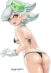 Rule 34 | 1girl, artist name, ass, back, bikini, breasts, commentary request, commission, cowboy shot, detached collar, earrings, from behind, gloves, grey hair, hair ornament, highres, inkling, jewelry, marie (splatoon), medium breasts, micro bikini, nintendo, open mouth, pixiv commission, pointy ears, short hair, sideboob, simple background, smile, solo, splatoon (series), swimsuit, symbol-shaped pupils, tamagomikan, teeth, tentacle hair, white background, white gloves, white hair, yellow eyes