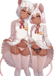 Rule 34 | 2girls, animal ears, black panties, blush, cameltoe, clothes lift, daikokuten (fate), dark-skinned female, dark skin, dress, dress lift, fate/grand order, fate (series), garter straps, ginger l, grey hair, highres, lifting own clothes, looking at viewer, maid, maid headdress, mixed-language commentary, mouse ears, mouse girl, mouse tail, multiple girls, panties, pink hair, red eyes, simple background, smile, tail, thighhighs, underwear, white background, white panties, white thighhighs