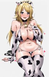 Rule 34 | 1girl, ahoge, alternate costume, amakawa gumi, animal ears, animal print, bell, bikini, blonde hair, blush, breasts, cleavage, cow ears, cow horns, cow print, cow print bikini, cow print gloves, cow print thighhighs, cow tail, fake animal ears, feet out of frame, fingerless gloves, flying sweatdrops, gloves, hachimiya meguru, hand on own chest, heart, highres, horns, idolmaster, idolmaster shiny colors, invisible chair, large breasts, looking at viewer, navel, neck bell, nervous smile, nervous sweating, print bikini, print gloves, print thighhighs, side-tie bikini bottom, simple background, sitting, smile, solo, stomach, sweat, swimsuit, tail, thighhighs, twintails, white background