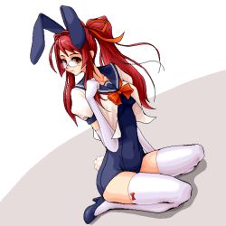 Rule 34 | 1girl, animal ears, female focus, full body, high heels, no pants, old school swimsuit, one-piece swimsuit, original, playboy bunny swimsuit, rabbit ears, school swimsuit, school uniform, serafuku, shoes, solo, swimsuit, swimsuit under clothes, thighhighs, yuuki (silent moon)