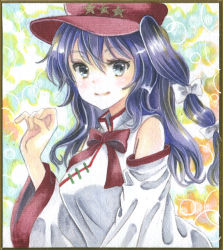Rule 34 | 1girl, blue eyes, blush, bow, bowtie, breasts, cabbie hat, closed mouth, commentary request, dolls in pseudo paradise, flat cap, hair bow, hajike akira, happy, hat, hat ornament, highres, label girl (dipp), long hair, long sleeves, looking at viewer, mandarin collar, medium breasts, photo (medium), purple hair, red bow, red bowtie, red headwear, side ponytail, smile, star (symbol), star hat ornament, touhou, traditional media, upper body, vest, white bow, white sleeves, white vest, wide sleeves