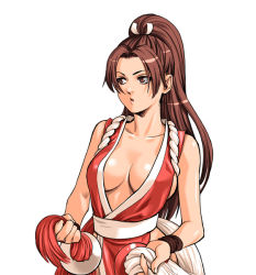 Rule 34 | 1girl, breasts, brown eyes, brown hair, cleavage, fatal fury, japanese clothes, large breasts, long hair, nakano tomokazu, no bra, pelvic curtain, ponytail, rope, shiranui mai, sideboob, snk, solo, the king of fighters, wristband