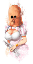 Rule 34 | 1girl, 2015, absurdres, bracelet, breasts, cleavage, cleavage cutout, clothing cutout, commentary, dated, facing viewer, helmet, highres, holding, isolator helmet, jewelry, large breasts, lulu-chan92, medium breasts, original, oxygen tank, puffy short sleeves, puffy sleeves, short sleeves, signature, simple background, solo, upper body, white background
