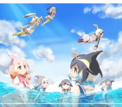 Rule 34 | 6+girls, arm at side, arm up, arms at sides, bird girl, bird tail, bird wings, black-tailed gull (kemono friends), black hair, blonde hair, blue eyes, blue hair, blue sky, blue whale (kemono friends), cetacean tail, chinese white dolphin (kemono friends), closed mouth, common bottlenose dolphin (kemono friends), common dolphin (kemono friends), common gull (kemono friends), day, dolphin girl, dorsal fin, dress, fins, fish tail, floating, grey hair, grey shirt, hand up, head fins, head wings, highres, kemono friends, letterboxed, long hair, long sleeves, looking at another, looking up, medium hair, multicolored hair, multiple girls, narwhal (kemono friends), necktie, ocean, open mouth, outdoors, outstretched arm, pantyhose, parted lips, partially submerged, ross&#039;s gull (kemono friends), sailor collar, shirt, shoes, short dress, short sleeves, signature, sky, smile, sunlight, swimming, tail, tatsuno newo, water, whale girl, white hair, wings, yellow eyes