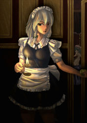 Rule 34 | &gt;:), &gt;:o, 2girls, :o, amibazh, apron, ass, bed, black eyes, blue hair, bow, braid, breasts, candle, canopy bed, collarbone, door, dress, frills, from behind, hair bow, hat, highres, izayoi sakuya, looking at viewer, maid, maid apron, maid headdress, mob cap, multiple girls, nude, realistic, remilia scarlet, short hair, short sleeves, smile, touhou, v-shaped eyebrows, white hair
