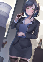 Rule 34 | 1girl, :o, black hair, black jacket, black skirt, black thighhighs, blush, breasts, business suit, cleavage, commentary request, cowboy shot, formal, green eyes, highres, jacket, large breasts, long sleeves, looking at viewer, office lady, open mouth, original, short hair, shougun (chuckni1), skirt, skirt suit, solo, suit, thighhighs, thighs