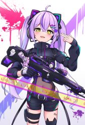 Rule 34 | 1girl, absurdres, ahoge, animal ear headphones, animal ears, barcode, barcode tattoo, belt, black belt, black gloves, black jacket, black shorts, blush, cat ear headphones, covered navel, enderslimek, fake animal ears, fang, gloves, gun, hair between eyes, hair ornament, hairclip, headphones, highres, holding, holding gun, holding weapon, jacket, leotard, long hair, long sleeves, looking at viewer, multicolored hair, open mouth, purple hair, rifle, shinomiya runa, short shorts, shorts, single glove, smile, solo, streaked hair, tattoo, thigh strap, twintails, virtual youtuber, vspo!, weapon, yellow eyes