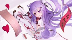 Rule 34 | 1girl, ahoge, alternate costume, azur lane, blush, china dress, chinese clothes, commentary request, double bun, dress, dutch angle, from behind, gift, hair bun, heart, highres, holding, holding gift, long hair, looking at viewer, lyran22, open mouth, purple eyes, purple hair, simple background, sitting, solo, thighhighs, unicorn (azur lane), unicorn (the gift of spring) (azur lane), very long hair, white background, white thighhighs