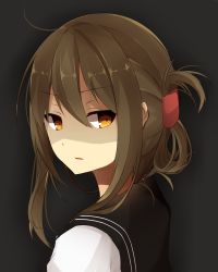 Rule 34 | 10s, 1girl, black background, brown eyes, brown hair, folded ponytail, from behind, hair ornament, highres, inazuma (kancolle), kantai collection, looking at viewer, looking back, parted lips, plasma-chan (kancolle), sailor collar, satou saya, school uniform, serafuku, shaded face, simple background, solo, upper body