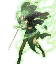 Rule 34 | 1girl, arm guards, armor, aura, belt, boots, broken armor, byleth (female) (fire emblem), byleth (fire emblem), cape, clenched teeth, corruption, dagger, dark persona, female focus, fire emblem, fire emblem: three houses, fire emblem heroes, fire emblem warriors: three hopes, full body, green eyes, green hair, hidari (left side), highres, holding, holding sword, holding weapon, intelligent systems, knee boots, knee pads, knife, matching hair/eyes, midriff, nintendo, non-web source, official art, one eye closed, pantyhose, parted lips, possessed, possession, shorts, single knee pad, solo, sothis (fire emblem), sword, teeth, torn clothes, transparent background, turtleneck, weapon, wince