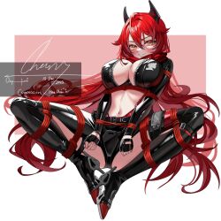 Rule 34 | 1girl, black gloves, blush, bound, breasts, channy, chaps, cleavage, commission, crop top, dated, fingerless gloves, gloves, goddess of victory: nikke, grin, hair between eyes, headgear, highres, horns, jacket, large breasts, leather, leather jacket, long hair, mechanical horns, navel, orange eyes, red hair, red hood (nikke), red scarf, scarf, shibari, shibari over clothes, signature, sitting, smile, solo, spread legs, unzipped, very long hair, zipper