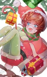 Rule 34 | 1girl, @ @, absurdres, blue eyes, blush, box, braid, brown hair, candy, candy cane, capelet, christmas, christmas tree, crown braid, fake facial hair, fake mustache, fang, fate/grand order, fate (series), food, fur-trimmed capelet, fur-trimmed headwear, fur trim, gift, gift box, gloves, green gloves, green pantyhose, hat, highres, holding, holding sack, open mouth, pantyhose, red capelet, red hat, sack, santa costume, santa gloves, santa hat, shimogamo (shimomo 12), side braid, snow, snowing, solo, sweatdrop, tears, tongue, torn sack, van gogh (fate)