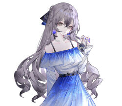 Rule 34 | 0 (znanimo), 1girl, black ribbon, black sash, blue dress, blue ribbon, bronya rand, character doll, collarbone, commentary, commission, crossed bangs, curly hair, dress, earrings, english commentary, english text, frilled dress, frilled sleeves, frills, gradient dress, grey eyes, grey hair, hair between eyes, hair intakes, hair ribbon, hand in own hair, honkai: star rail, honkai (series), jewelry, charm (object), long hair, purple nails, ribbon, sash, sidelocks, silver collar, simple background, solo, white background, white dress