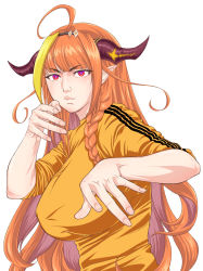 Rule 34 | 1girl, adidas, ahoge, blunt bangs, braid, bruce lee, bruce lee&#039;s jumpsuit, closed mouth, commentary request, dragon girl, dragon horns, eyelashes, fang, fang out, fingernails, game of death, gradient eyes, hairband, highres, hokke (fryinghokke), hololive, horns, kiryu coco, long hair, looking at viewer, multicolored eyes, multicolored hair, narrow waist, orange hair, parody, pointy ears, red eyes, side braid, simple background, skin fang, sleeves rolled up, solo, streaked hair, upper body, virtual youtuber, white background