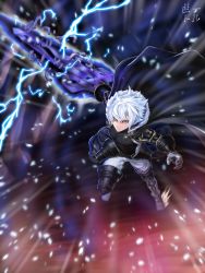 Rule 34 | 1boy, armor, bettle (b s a n), black cape, black gloves, brown eyes, cape, electricity, emperor (sennen sensou aigis), fighting stance, full body, gloves, holding, holding sword, holding weapon, huge weapon, male focus, sennen sensou aigis, sword, weapon, white hair