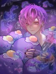 Rule 34 | 1boy, :3, black nails, blush, closed mouth, collared shirt, commentary request, earrings, egg (food), eyelashes, eyeshadow, fingernails, fish, food, gradient hair, hair between eyes, hair ornament, hairclip, hand up, heart, heart hair ornament, heterochromia, highres, jewelry, koi, long sleeves, looking at viewer, maisuie, makeup, male focus, mole, mole on neck, multicolored hair, nail polish, nijisanji, nijisanji en, parted bangs, pink eyes, pink eyeshadow, pink hair, purple eyes, purple hair, purple sweater, shirt, short hair, sleeves past wrists, smile, solo, sparkle, star (symbol), star hair ornament, sweater, uki violeta, virtual youtuber, white shirt
