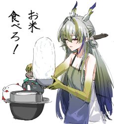 Rule 34 | 1girl, apron, arknights, bare arms, blue hair, bowl, closed eyes, colored skin, commentary request, dragon bubble (arknights), dragon girl, dusk (arknights), gradient hair, gradient skin, green apron, green hair, green skin, grey hair, hair between eyes, hair intakes, highres, holding, holding bowl, horn/wood, long hair, multicolored hair, nian (arknights), open mouth, pointy ears, rice bowl, shu (arknights), simple background, sketch, solo focus, translation request, upper body, white background