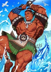 Rule 34 | 1boy, abs, artist logo, artist name, bara, barefoot, bird, black hair, dark-skinned male, dark skin, fingerless gloves, fish, gloves, green eyes, highres, large pectorals, legband, loincloth, looking at viewer, male focus, manly, mature male, maui (smite), muscular, muscular male, nipples, ocean, outdoors, pectorals, pony (animal), rope, short hair, skirt, sky, smite, solo, tattoo, teeth, thick arms, thick eyebrows, thick thighs, thighs, undercut, water, xelgot