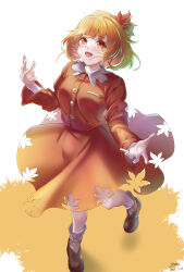 Rule 34 | 1girl, absurdres, aki shizuha, buttons, collared shirt, food, fruit, full body, grapes, hair ornament, highres, leaf, leaf hair ornament, leaf on head, long sleeves, maple leaf, open mouth, orange eyes, orange shirt, orange skirt, shirt, skirt, solo, touhou, yujin (kanouyuuto-0423)