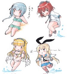 Rule 34 | 4girls, bikini, bikini skirt, black hairband, black panties, blonde hair, blue sailor collar, blue skirt, brown hair, cargo net, chibi, commentary request, corrupted twitter file, crop top, elbow gloves, fletcher (kancolle), gloves, green bikini, green skirt, grey hair, hairband, headgear, highleg, highleg panties, highres, jacket, kantai collection, kasumi (kancolle), long hair, microskirt, miniskirt, multiple girls, net, outstretched arms, panties, pleated skirt, poipoi purin, sailor collar, shimakaze (kancolle), short hair, side ponytail, simple background, sitting, skirt, striped clothes, striped legwear, striped thighhighs, swimsuit, thighhighs, traditional media, triangle mouth, underwear, white background, white bikini, white gloves, white jacket, yukikaze (kancolle), | |