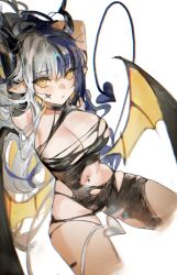 Rule 34 | 1girl, arms behind back, arms behind head, black bodysuit, blue hair, bodysuit, breasts, closed mouth, cropped legs, demon girl, demon horns, demon tail, demon wings, facial mark, highres, horns, large breasts, long hair, looking at viewer, lucadark art, multicolored hair, multiple tails, navel, navel piercing, original, piercing, pointy ears, revealing clothes, solo, split-color hair, tail, torn bodysuit, torn clothes, two-tone hair, two tails, white hair, wings, x facial mark, yellow eyes