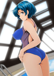 Rule 34 | 1girl, absurdres, ass, back cutout, backlighting, bishoujo senshi sailor moon, blue eyes, blue hair, blurry, breasts, clothing cutout, competition swimsuit, covered erect nipples, day, depth of field, dutch angle, earrings, from below, highres, impossible clothes, impossible swimsuit, jewelry, large breasts, looking at viewer, mizuno ami, nanashi noiji, one-piece swimsuit, rei no pool, sailor mercury, short hair, smile, solo, standing, swimsuit, twisted torso, water