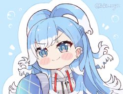 Rule 34 | 1girl, blue eyes, blue hair, blush stickers, chibi, commentary, english commentary, hololive, hololive indonesia, kobo kanaeru, kukie-nyan, long hair, multicolored hair, smile, streaked hair, twitter username, two-tone hair, v-shaped eyebrows, virtual youtuber, white hair