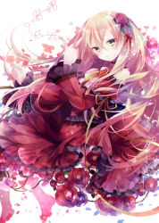 Rule 34 | 1girl, blonde hair, blue rose, blush, brooch, dress, flower, green eyes, hair ribbon, ibara riato, jewelry, long hair, long sleeves, looking at viewer, open mouth, original, petals, plant, red dress, red rose, ribbon, rose, solo, very long hair, vines, wide sleeves