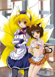 Rule 34 | 2girls, :d, animal ears, bikini, bikini top only, blonde hair, bow, brown hair, carrot, cat ears, cat girl, cat tail, chen, collarbone, earrings, fang, female focus, fox ears, fox tail, gloves, hair bow, heart, heart tail, highres, jewelry, looking at viewer, multiple girls, multiple tails, navel, open mouth, pantyhose, paw pose, puyocha, short hair, smile, swimsuit, tail, touhou, waitress, yakumo ran, yellow eyes