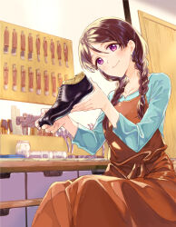Rule 34 | 1girl, apron, black footwear, blue shirt, braid, brown apron, brown hair, character request, closed mouth, collarbone, commentary request, door, hair between eyes, hair over shoulder, hands up, head tilt, holding, holding clothes, holding footwear, holding shoes, indoors, kutsu no muku mama, long sleeves, low twintails, miyabi akino, purple eyes, shirt, shoes, unworn shoes, sitting, smile, solo, twin braids, twintails