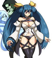 Rule 34 | 1girl, absurdres, bare shoulders, belt, black thighhighs, blue hair, breasts, casual, choker, cleavage, curvy, dizzy (guilty gear), guilty gear, guilty gear xrd, highres, large breasts, legs, long hair, mature female, navel, necro (guilty gear), red eyes, ribbon, thick thighs, thighhighs, thighs, tina fate, twintails, undine (guilty gear), wide hips, yellow ribbon
