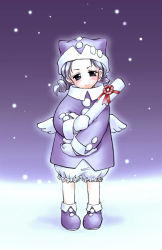 Rule 34 | 1girl, child, coat, hat, katou ryouichi, purple hat, snow, snowing, solo, wings