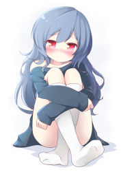 Rule 34 | 1girl, bare shoulders, blue hair, blush, closed mouth, commentary, crossed arms, dot nose, full body, hugging own legs, ikazu401, long hair, long sleeves, no shoes, off shoulder, original, red eyes, simple background, sitting, socks, solo, white background, white socks