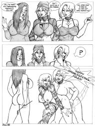 Rule 34 | 2007, 3girls, ?, ass, breasts, character request, comic, darklucid, english text, fff threesome, glasses, greyscale, group sex, jpowell, monochrome, multiple girls, spanked, speech bubble, tattoo, text focus, thanksgiving, threesome, what