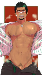 Rule 34 | 1boy, abs, absurdres, bandaid, bandaid on face, bandaid on nose, bara, bare pectorals, black hair, black pants, blush, breath, dark-skinned male, dark skin, dotsu (wtnbkwiyd), facial hair, feet out of frame, glasses, goatee, green hair, highres, kyoichi (active agent) (live a hero), kyoichi (live a hero), large pectorals, live a hero, looking at viewer, male focus, male pubic hair, mature male, multicolored hair, muscular, muscular male, navel, navel hair, nipples, no male underwear, official alternate costume, open clothes, open fly, open pants, open shirt, pants, pectorals, penis, penis peek, pubic hair, shirt, short hair, solo, stomach, streaked hair, striped clothes, striped shirt, sweat, white shirt