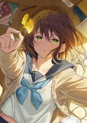 Rule 34 | 1girl, akamoku, blue neckerchief, blue sailor collar, blush, book, brown cardigan, brown hair, buttons, cardigan, collarbone, commentary request, ginkgo leaf, green eyes, hair between eyes, highres, holding, holding leaf, leaf, light particles, long hair, long sleeves, lying, midriff peek, neckerchief, on back, original, outstretched arm, parted lips, pencil, ruler, sailor collar, school uniform, serafuku, shirt, solo, translation request, twitter username, upper body, white shirt