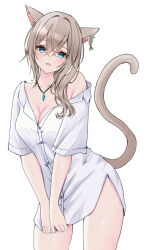 Rule 34 | 1girl, absurdres, animal ears, blue eyes, blush, bottomless, breasts, cat ears, cat girl, cat tail, cleavage, collared shirt, cowboy shot, ear ornament, facial mark, final fantasy, final fantasy xiv, highres, jewelry, light brown hair, long hair, looking at viewer, medium breasts, miqo&#039;te, necklace, off shoulder, parted lips, shirt, short sleeves, simple background, solo, suineco, tail, warrior of light (ff14), whisker markings, white background, white shirt