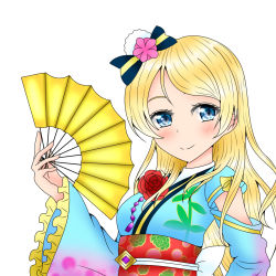 Rule 34 | 1girl, angelic angel, aqua kimono, artist request, ayase eli, blonde hair, blue bow, blue eyes, blue kimono, blush, bow, female focus, flower, hair bow, hair flower, hair ornament, hand fan, highres, holding, holding fan, japanese clothes, kimono, long hair, long sleeves, looking at viewer, love live!, love live! school idol project, obi, ponytail, red flower, sash, short hair, smile, solo, thighhighs, white background, wings, zettai ryouiki