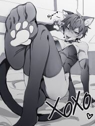 Rule 34 | 1boy, absurdres, animal ear fluff, animal ears, arm support, ass, bare shoulders, bell, blush, bulge, cat boy, cat ears, cat tail, claw pose, commentary, crossdressing, elbow gloves, english commentary, feet, foot up, girly boy, gloves, greyscale, hair between eyes, heart, highleg, highleg leotard, highres, indie virtual youtuber, knees together feet apart, knees up, leg up, legs, leotard, looking at viewer, male focus, monochrome, nail polish, neck bell, no shoes, on bed, paw print palms, paw print soles, pectorals, puffy chest, short hair, shoto (vtuber), singintheraiin, sketch, soles, strapless, strapless leotard, tail, thighhighs, toes, toned, toned male, tongue, tongue out, virtual youtuber, xo