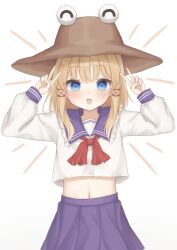 Rule 34 | 1girl, :d, absurdres, alternate costume, blonde hair, blue eyes, blush, cowboy shot, double v, emphasis lines, flat chest, frilled shirt collar, frills, gaden19, hands up, happy, hat, highres, long hair, long sleeves, looking at viewer, midriff, moriya suwako, navel, neckerchief, open mouth, petite, pleated skirt, purple skirt, red neckerchief, shirt, simple background, skirt, smile, solo, straight-on, touhou, v, white background, white shirt