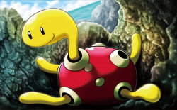 Rule 34 | black eyes, blue sky, closed mouth, cloud, cloudy sky, creature, creatures (company), day, dutch angle, fukuda masakazu, full body, game freak, gen 2 pokemon, nintendo, no humans, ocean, official art, outdoors, pokemon, pokemon (creature), pokemon tcg, shell, shuckle, sky, smile, solo, third-party source, water