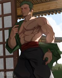 Rule 34 | 1boy, abs, architecture, bara, bare pectorals, black pants, blush, closed mouth, coat, commentary, earrings, east asian architecture, english commentary, feet out of frame, green coat, green hair, highres, jewelry, kingidol, leaning, looking at viewer, male focus, muscular, muscular male, nipples, one piece, pants, pectorals, red sash, roronoa zoro, sash, scar, scar across eye, scar on chest, short hair, shouji, signature, single earring, sliding doors, solo, undressing