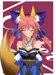 Rule 34 | 10s, 1girl, ^ ^, animal ear fluff, animal ears, artist request, breasts, closed eyes, detached sleeves, dress, fate/extra, fate (series), fox ears, fox tail, hair ribbon, highres, japanese clothes, pink hair, ribbon, smile, solo, tail, tamamo no mae (fate/extra), twintails